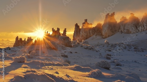 The sun peeking through a of penitentes casting a golden glow on the snowcovered landscape. photo