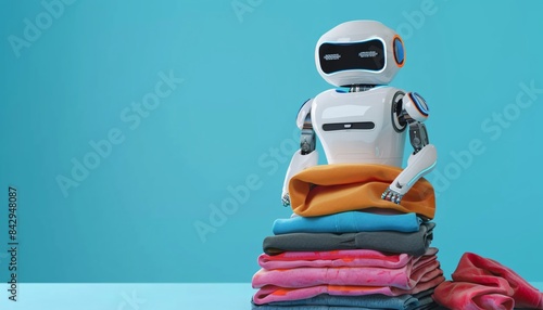 Artificial IntelligenceDriven robot neatly folding laundry concept of Artificial Intelligence integration into human-like activities photo