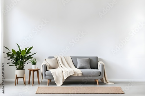 Bright blanket and pillow on a settee, next to a stool with plant in living room with copy space on the wall 