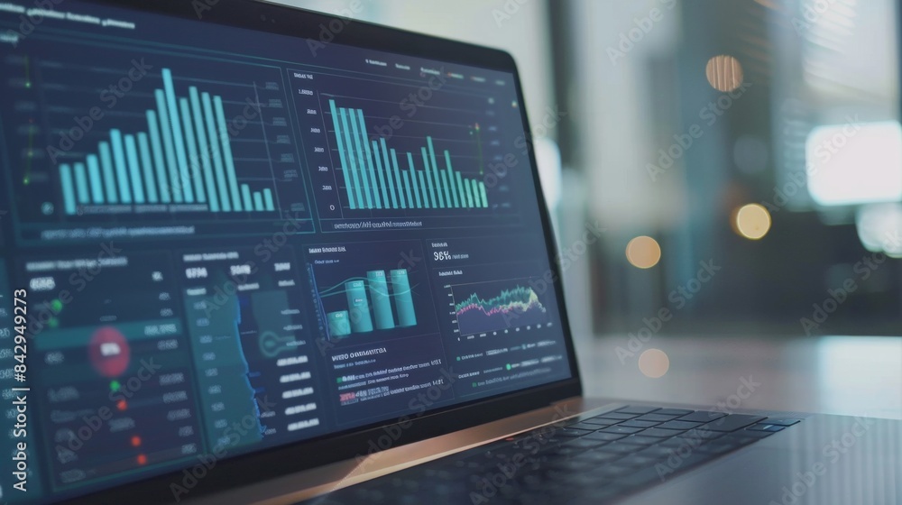 Close-up of a laptop screen with a dashboard displaying various bar ...