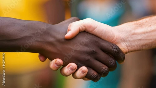 Close-up diverse hands firm handshake. Unity and people diversity. Partnership, equality, community. Different countries cooperation, mutual respect. African American person shake hand Caucasian man. photo