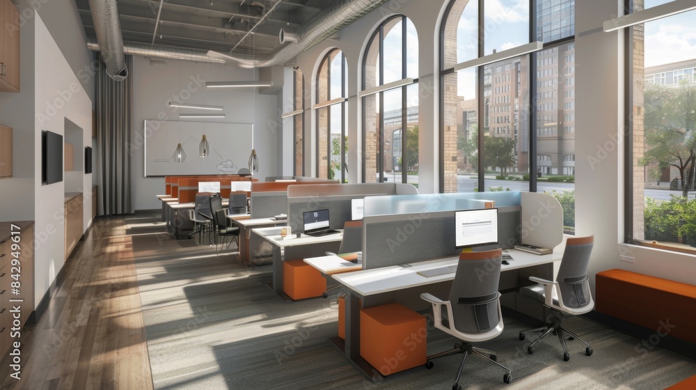 Fototapeta premium Office of the future with customizable workstations, featuring a tech-savvy, personalized design, in a modern urban setting, emphasizing individual preferences.