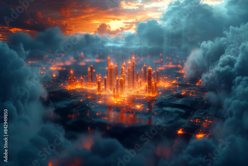 Futuristic city  illuminated by neon lights  hovers amidst the clouds in a dark  atmospheric setting