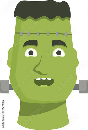 Friendly cartoon frankenstein monster is smiling happily with scars and bolts