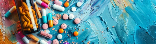Colorful capsules and tablets on an abstract painted background, combining art and medication in a creative and vibrant display.