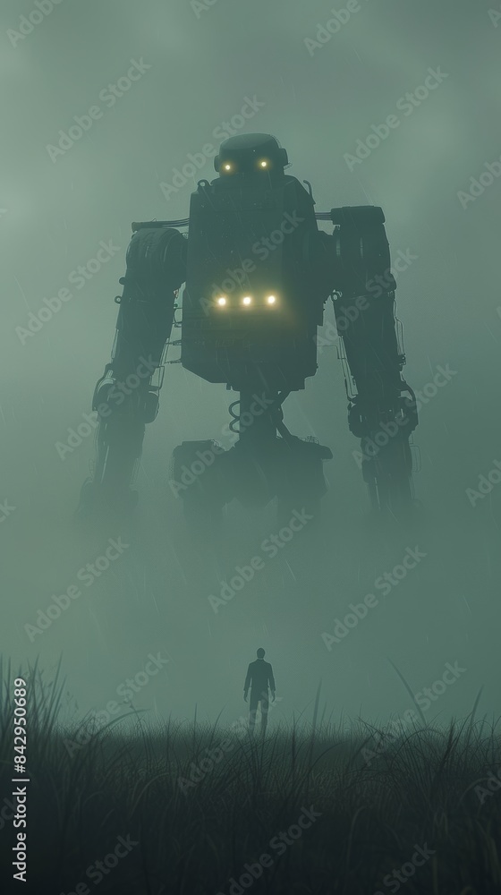 Lonely man standing in a field facing a giant robot emerging from a fog Lonely man standing in a field facing a giant robot emerging from a fog