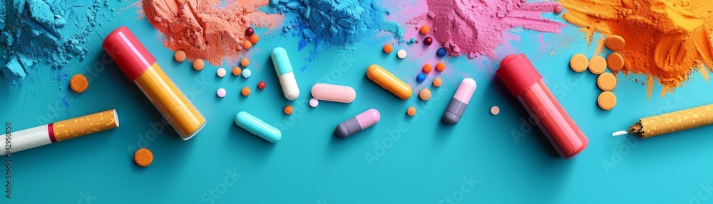 Colorful arrangement of various medications and powders on a blue background. Health and medicine concept with pills, capsules, and tablets. Colorful arrangement of various medications and powders on a blue background. Health and medicine concept with pills, capsules, and tablets.