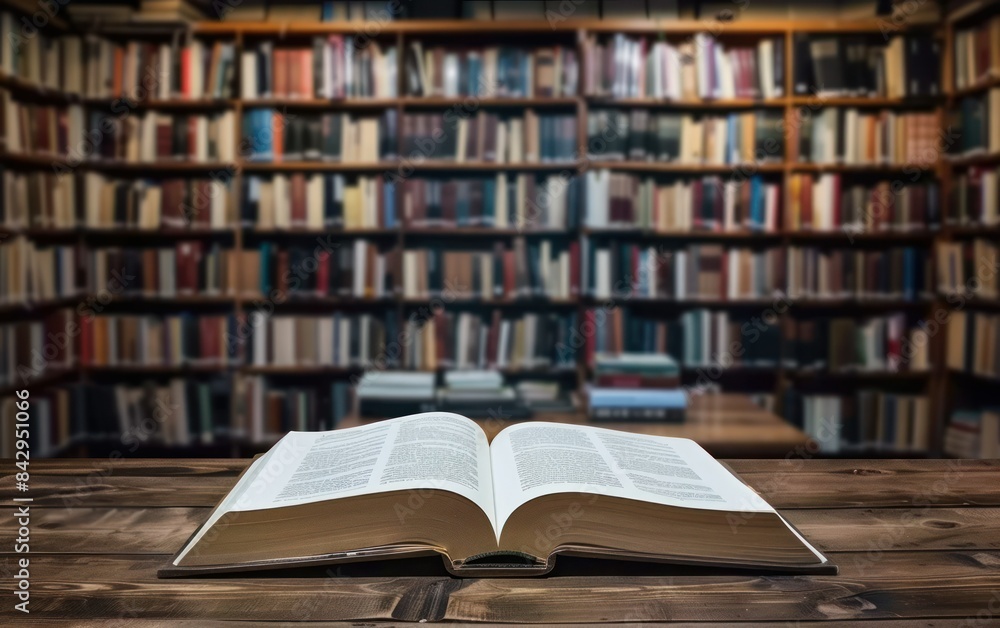 Open Book on Wooden Table in Library Open Book on Wooden Table in Library