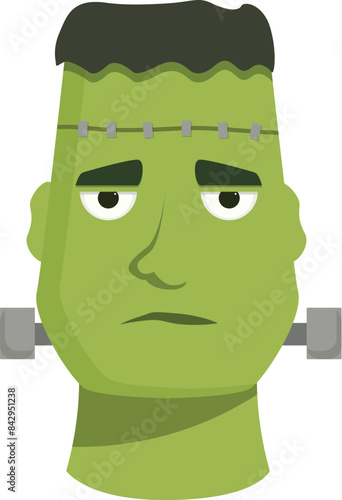 Sad green frankenstein monster looking bored with bolts on his neck
