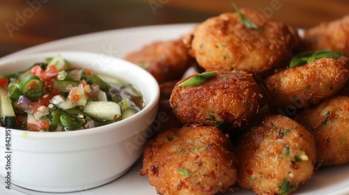 Close-up of a plate of crispy fried fish cakes (tod mun pla) served with a tangy cucumber relish photo