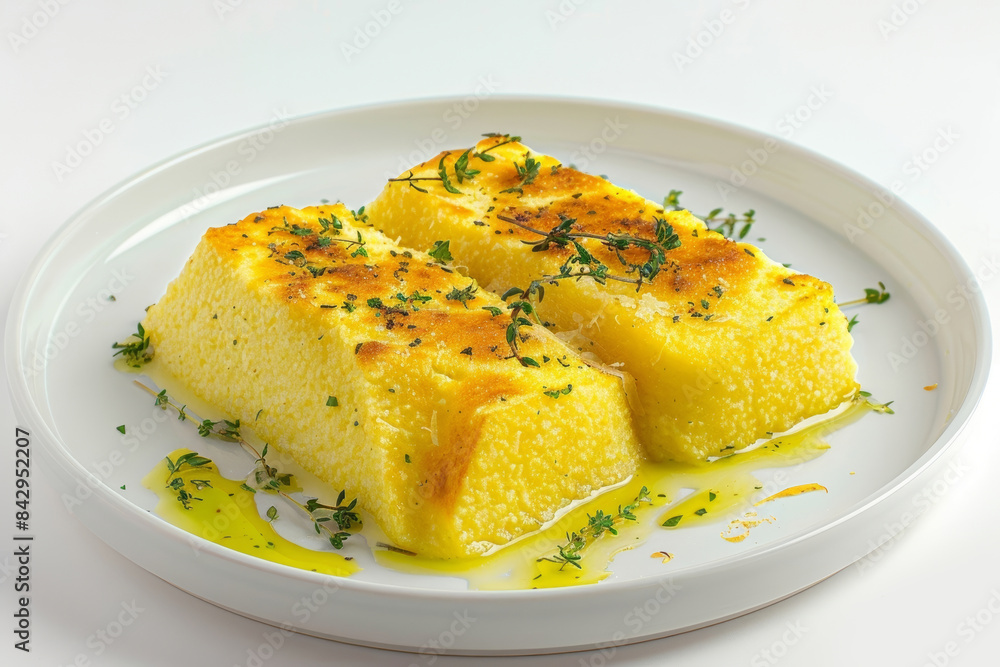 Golden-Brown Baked Polenta: Aromatic Thyme and Fresh Herb Garnish Golden-Brown Baked Polenta: Aromatic Thyme and Fresh Herb Garnish