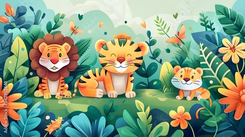 Adorable Cartoon Animal Inhabitants of a Vibrant Jungle Landscape