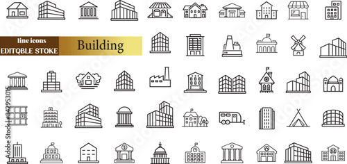 Building web icons in line style. Hotel, hospital, apartament, city, town house, mall, coffee, collection. Vector illustration.	