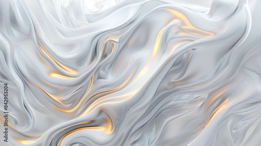 Obraz premium The image features abstract, flowing white fabric with soft gold highlights. The fabric forms elegant, fluid waves and folds, creating a dynamic and luxurious texture.
