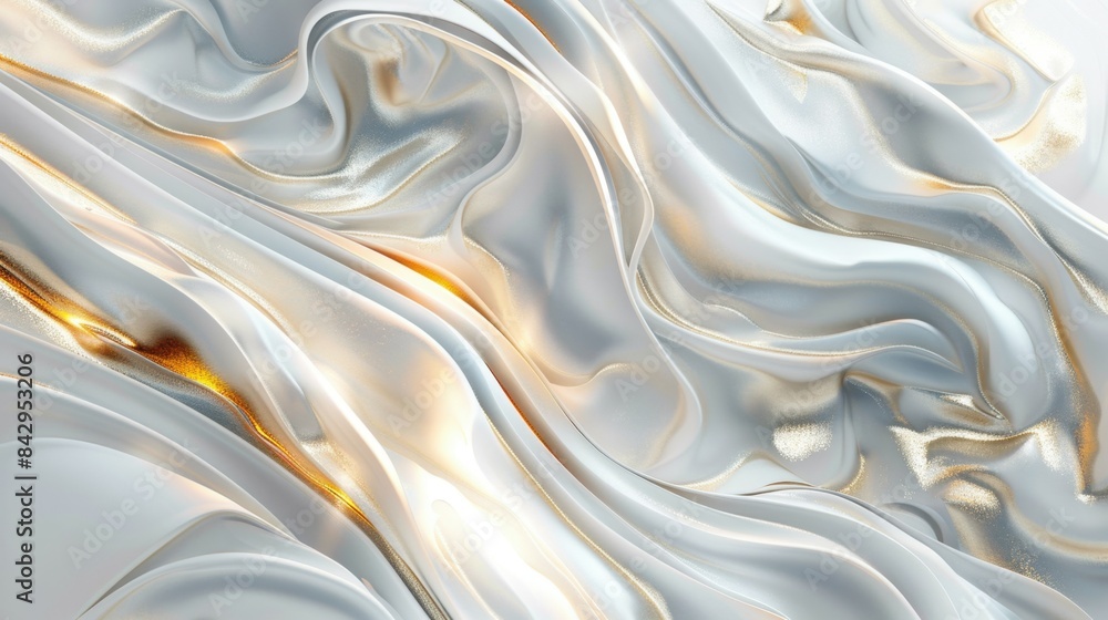 The image displays abstract, flowing white fabric with shimmering gold accents. The fabric forms elegant, fluid waves and folds, creating a dynamic and luxurious texture. The image displays abstract, flowing white fabric with shimmering gold accents. The fabric forms elegant, fluid waves and folds, creating a dynamic and luxurious texture.