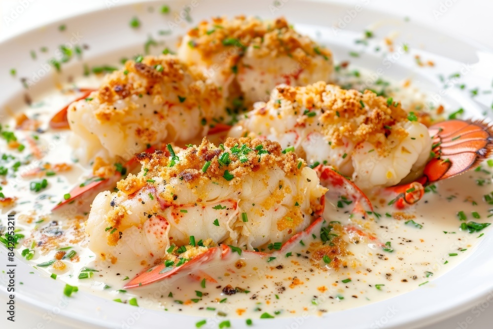 Baked Lobster Scampi with Creamy Butter Sauce and Fresh Herb Garnish Baked Lobster Scampi with Creamy Butter Sauce and Fresh Herb Garnish