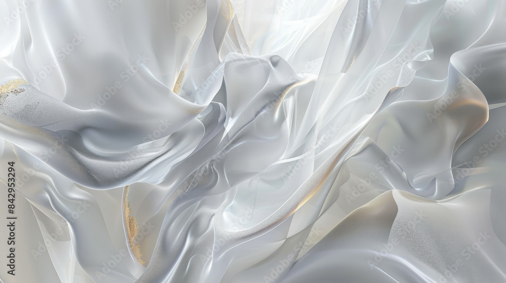 Obraz premium The image features an abstract composition of smooth, flowing white and gray fabric-like waves with soft golden accents, creating a dynamic, elegant, and ethereal visual effect with intricate textures