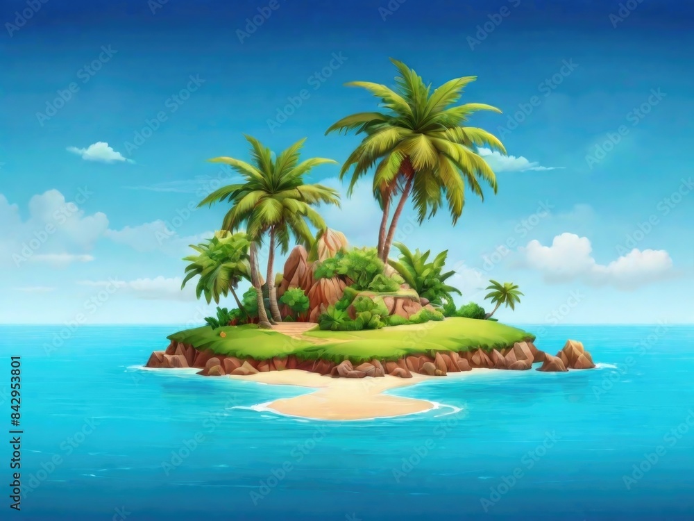 Fototapeta premium A beautiful cartoon island with a palm tree.