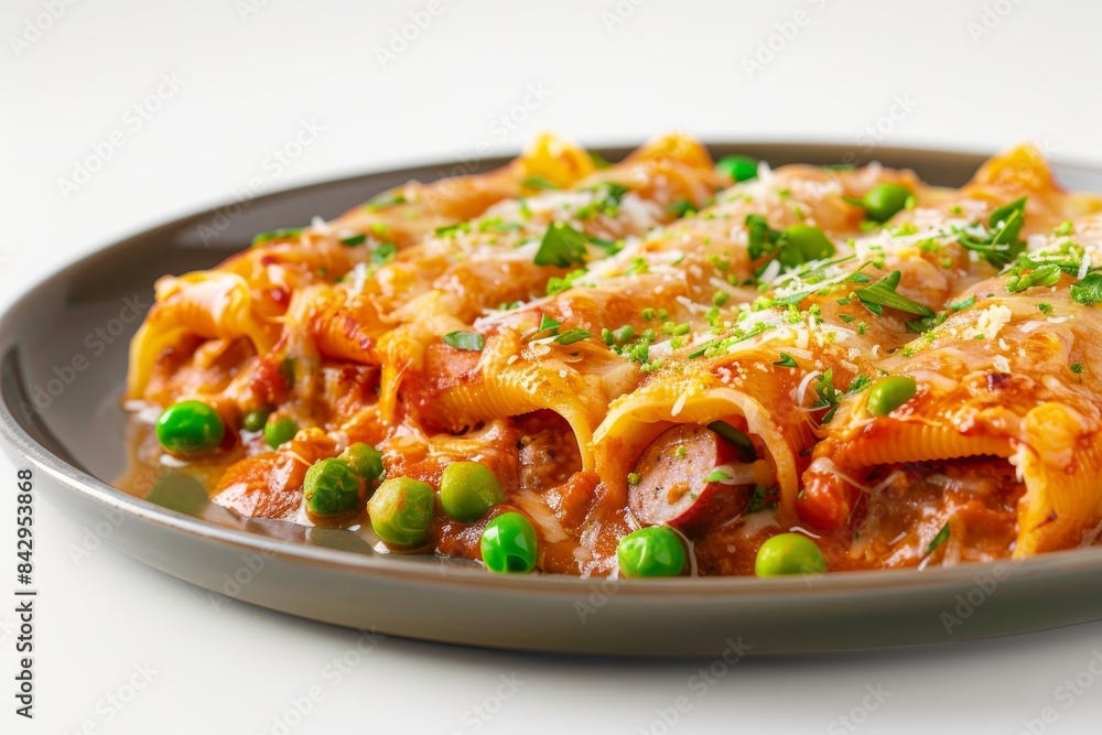 Rustic Baked Manicotti with Sausage, Peas, and Mozzarella Rustic Baked Manicotti with Sausage, Peas, and Mozzarella