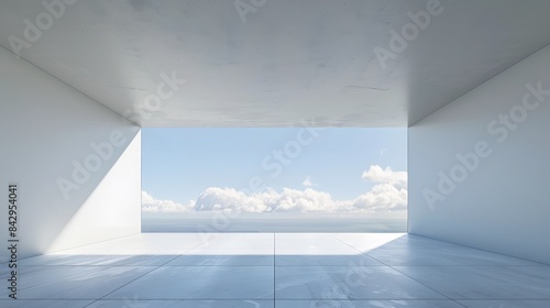 A minimalist room featuring a large opening to an ocean and sky view  creating a serene and open atmosphere.