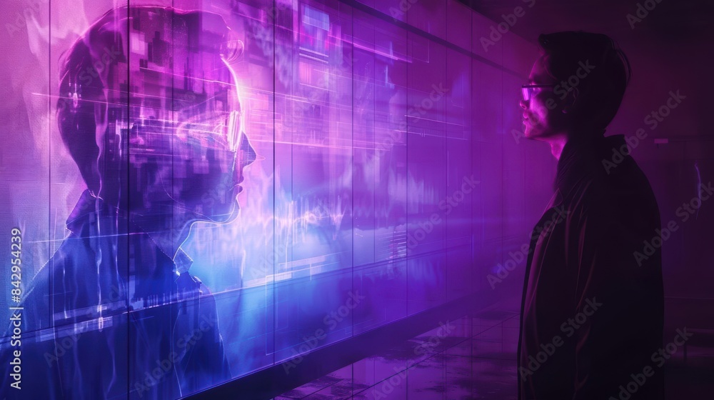 A man looks at a futuristic holographic display of a person's face, glowing with neon colors. A man looks at a futuristic holographic display of a person's face, glowing with neon colors.