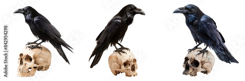 set of black raven perched on a skull isolated on transparent background