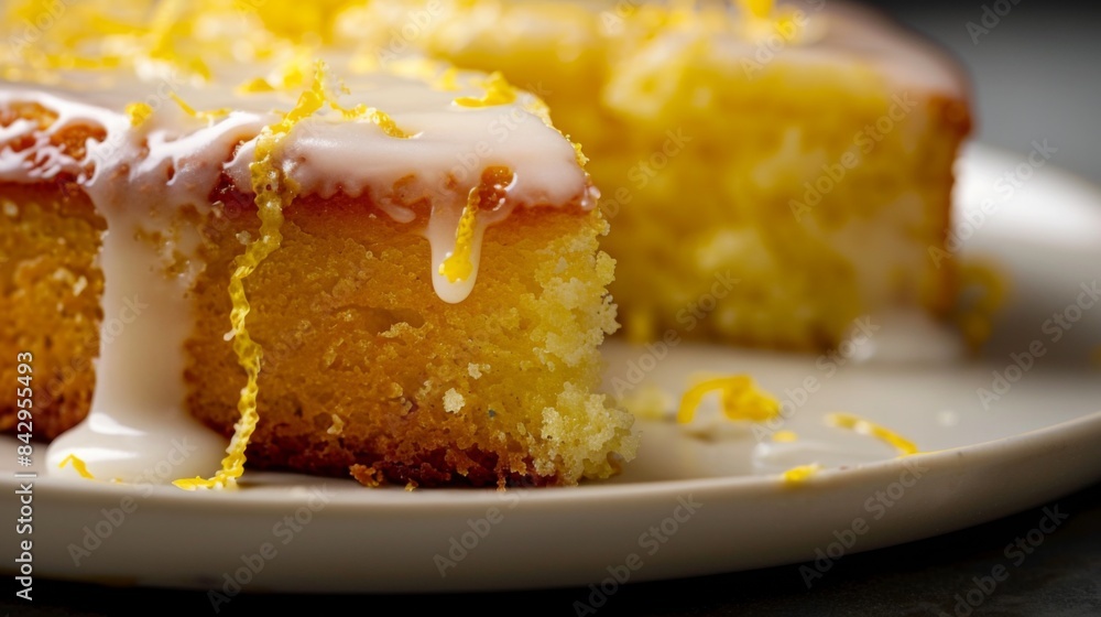 Close-up of a slice of moist lemon drizzle cake with tangy glaze and lemon zest garnish Close-up of a slice of moist lemon drizzle cake with tangy glaze and lemon zest garnish