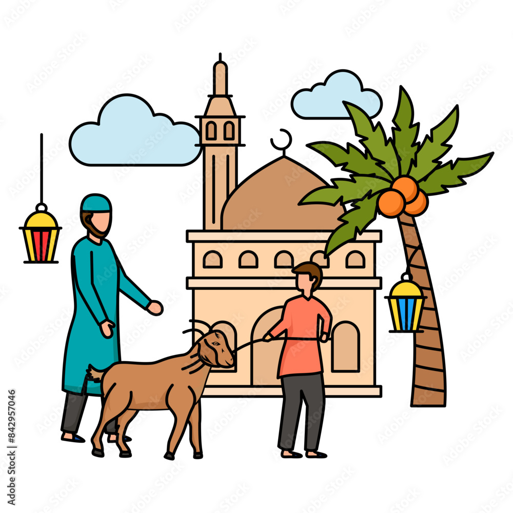 Muslims Father and son with goat concept, Boy holding lamb rope,Eid al ...