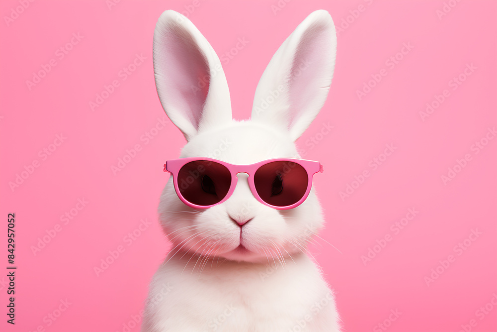 cute white plastic bunny wearing sunglasses on a pink background. cute white plastic bunny wearing sunglasses on a pink background.