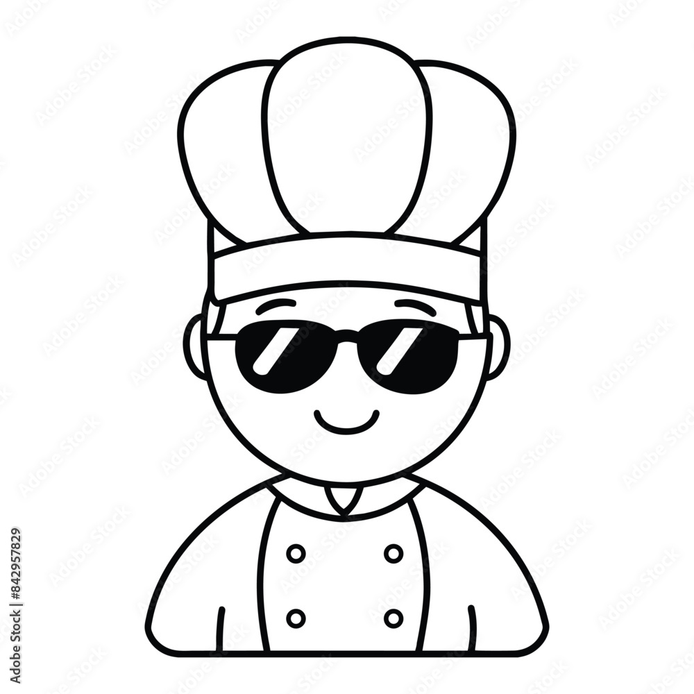 happy smiling stylish cute chef cartoon character outline drawing wearing sunglasses and full cooking attire vector design happy smiling stylish cute chef cartoon character outline drawing wearing sunglasses and full cooking attire vector design