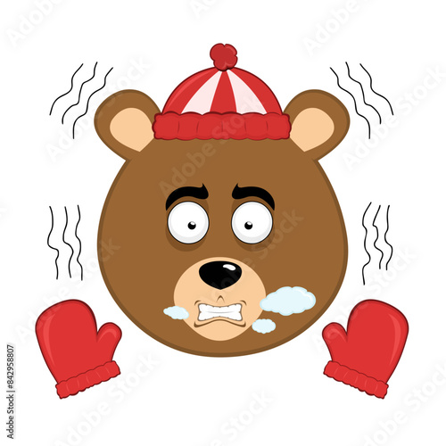 vector illustration face brown bear grizzly cartoon shivering cold, wearing gloves and a winter hat, with breath vapor in his mouth