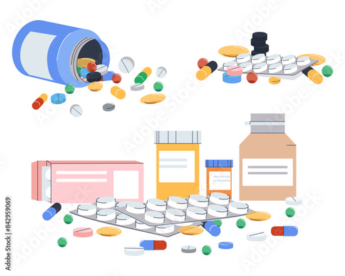 Set of vector illustrations. Medicine, drugs, tablets, pills, vitamins, capsules for treatment. Medicines, dietary supplements. Flat vector illustration, eps10