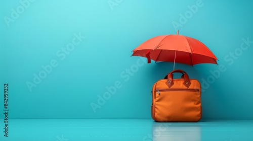 Orange suitcase under red umbrella on blue background. Minimalist travel insurance concept Banner with copy space