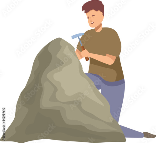 Geologist is kneeling and carefully examining a large rock with a pickaxe