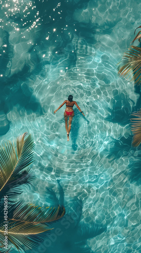 A woman swimming in a pool with palms