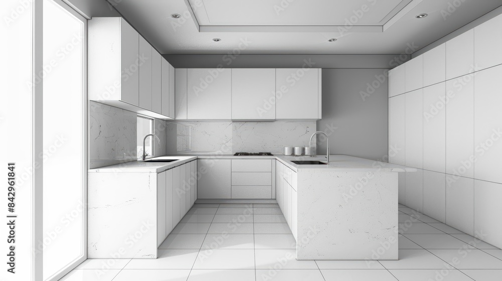 Kitchen cabinet installation flat design side view kitchen remodeling 3D render black and white Kitchen cabinet installation flat design side view kitchen remodeling 3D render black and white