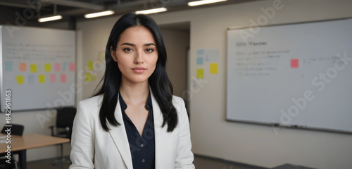 A professional woman in a modern office setting, standing in front of a whiteboard with colorful post-it notes. Ideal for corporate presentations, seminars, training material, and business environment © iSomboon