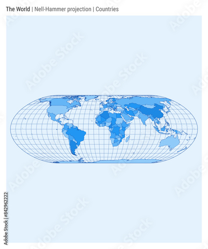 World Map in Nell-Hammer projection with countries style. High detail world map for infographics, education, reports, and presentations. Vector illustration.