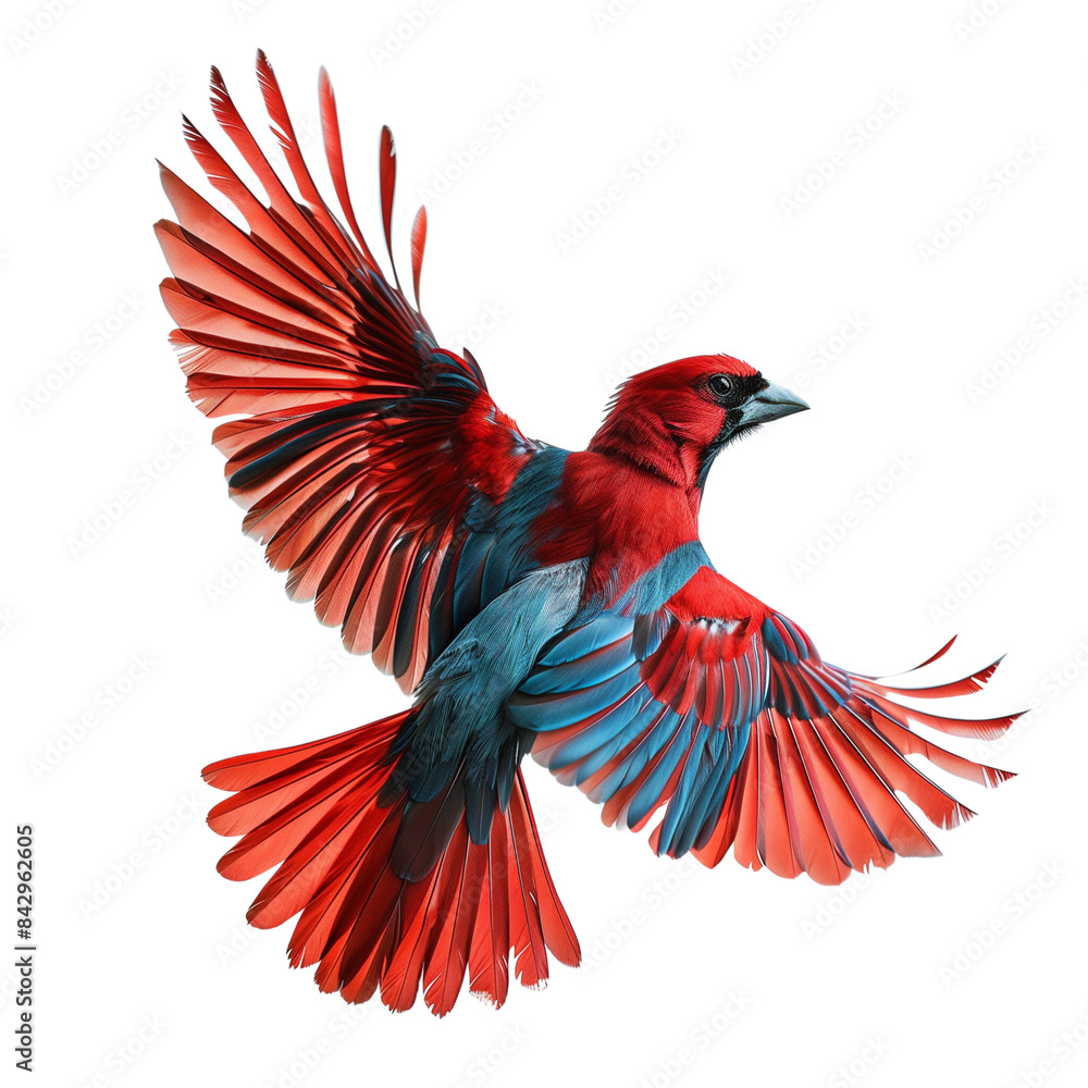 A close-up shot capturing the vibrant red feathers of a cardinal bird in mid-flight isolated on transparent png background A close-up shot capturing the vibrant red feathers of a cardinal bird in mid-flight isolated on transparent png background