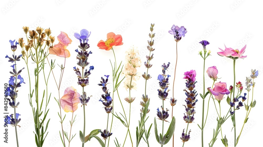Mix of flowers with lavender pressed dried flowers in the style of watercolor on a white background