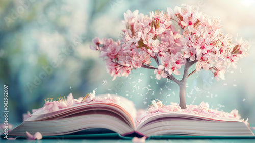 Beautiful tree of life with pink flowers growing from an open book against bokeh background. Dreamcore. Banner design.  © VesnAI
