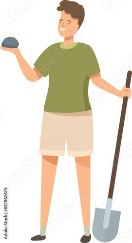 Young geologist holding shovel and examining stone in his hand, geology science concept illustration