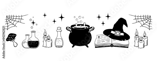 Witchcraft horizontal border. Mystic magical hand drawn ink elements. Witch cauldron, hat, books for Halloween.
