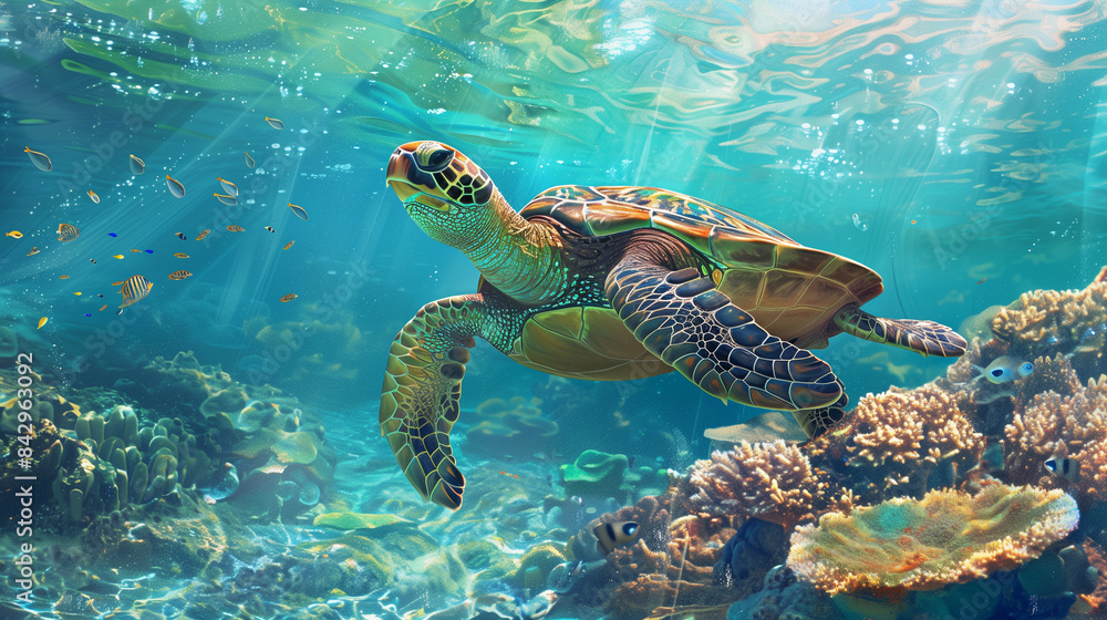 Fototapeta premium A turtle swimming in the ocean with fish swimming around it