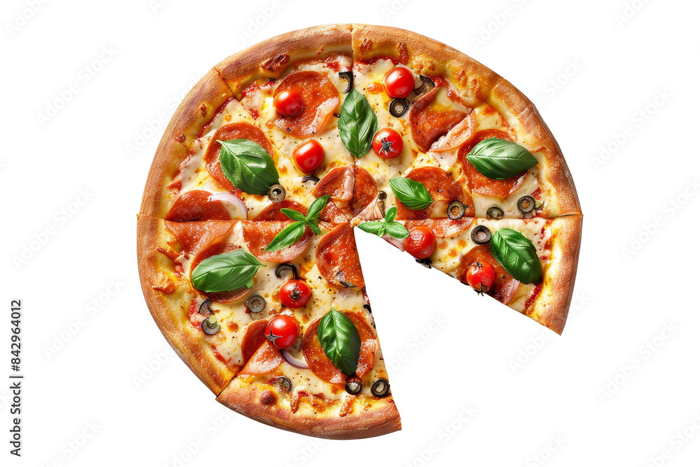 Delicious pepperoni pizza with fresh basil, cherry tomatoes, olives, and mozzarella cheese, topped with oregano and baked to perfection. Delicious pepperoni pizza with fresh basil, cherry tomatoes, olives, and mozzarella cheese, topped with oregano and baked to perfection.