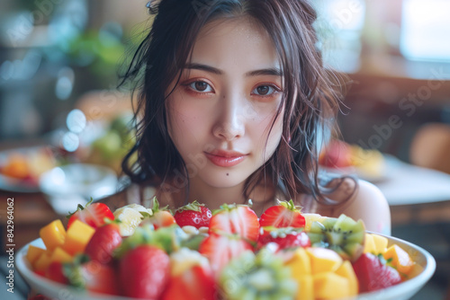 Chinese woman looks sad and hopeless about the diet program, healthy food