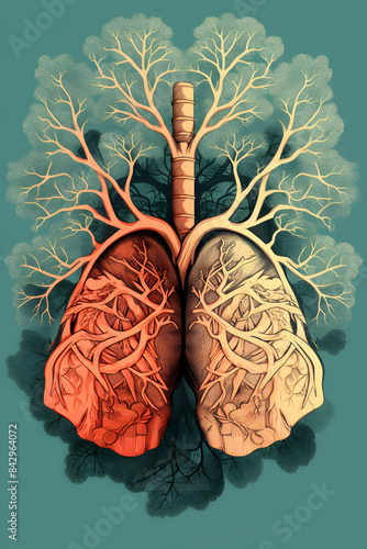 vintage style illustrated lungs, lung brathing mmedical lung illustration, human lung illustrated photo