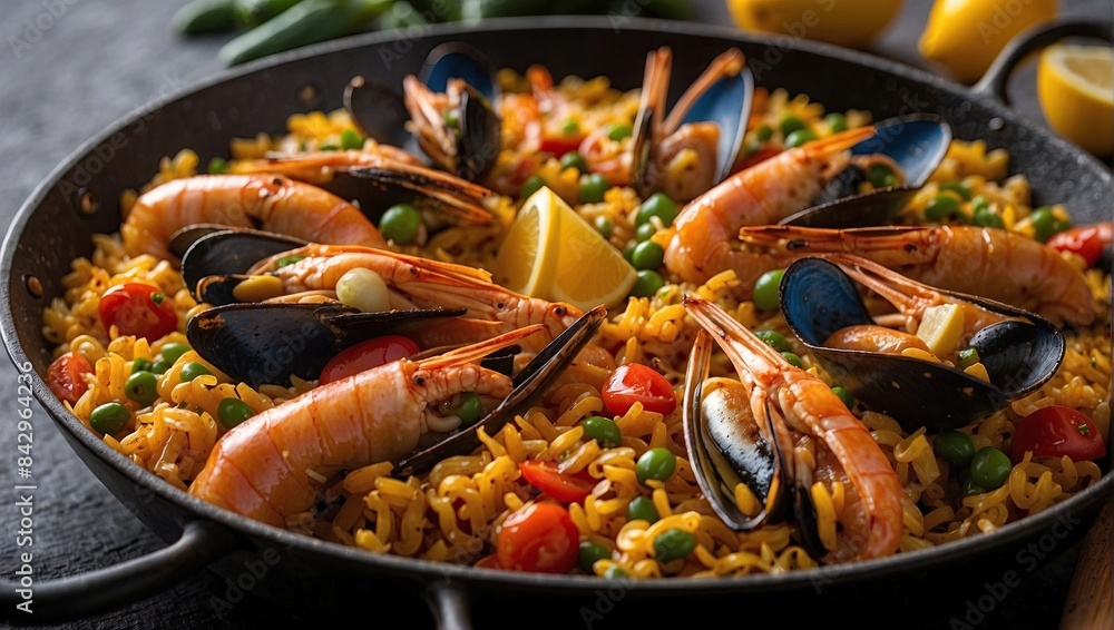 Seafood paella, a Spanish dish featuring saffron-infused rice with shrimp, mussels, and vegetables, garnished with lemon wedges, served in a traditional paella pan. Seafood paella, a Spanish dish featuring saffron-infused rice with shrimp, mussels, and vegetables, garnished with lemon wedges, served in a traditional paella pan.