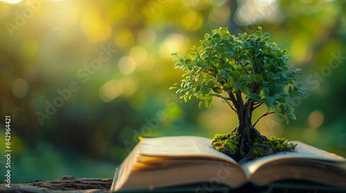 An open book with an organic tree growing from it, symbolizing the growth of knowledge and ideas in education. The background is a blurred green forest.