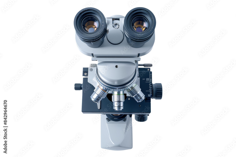High-quality close-up of a modern optical microscope, essential for scientific research and laboratory analysis, on a transparent background. High-quality close-up of a modern optical microscope, essential for scientific research and laboratory analysis, on a transparent background.
